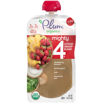 Plum Organics Mighty 4 Blends Strawberry Banana, Greek Yogurt, Kale, Oat & Amaranth, 4Oz (Pack Of 6)