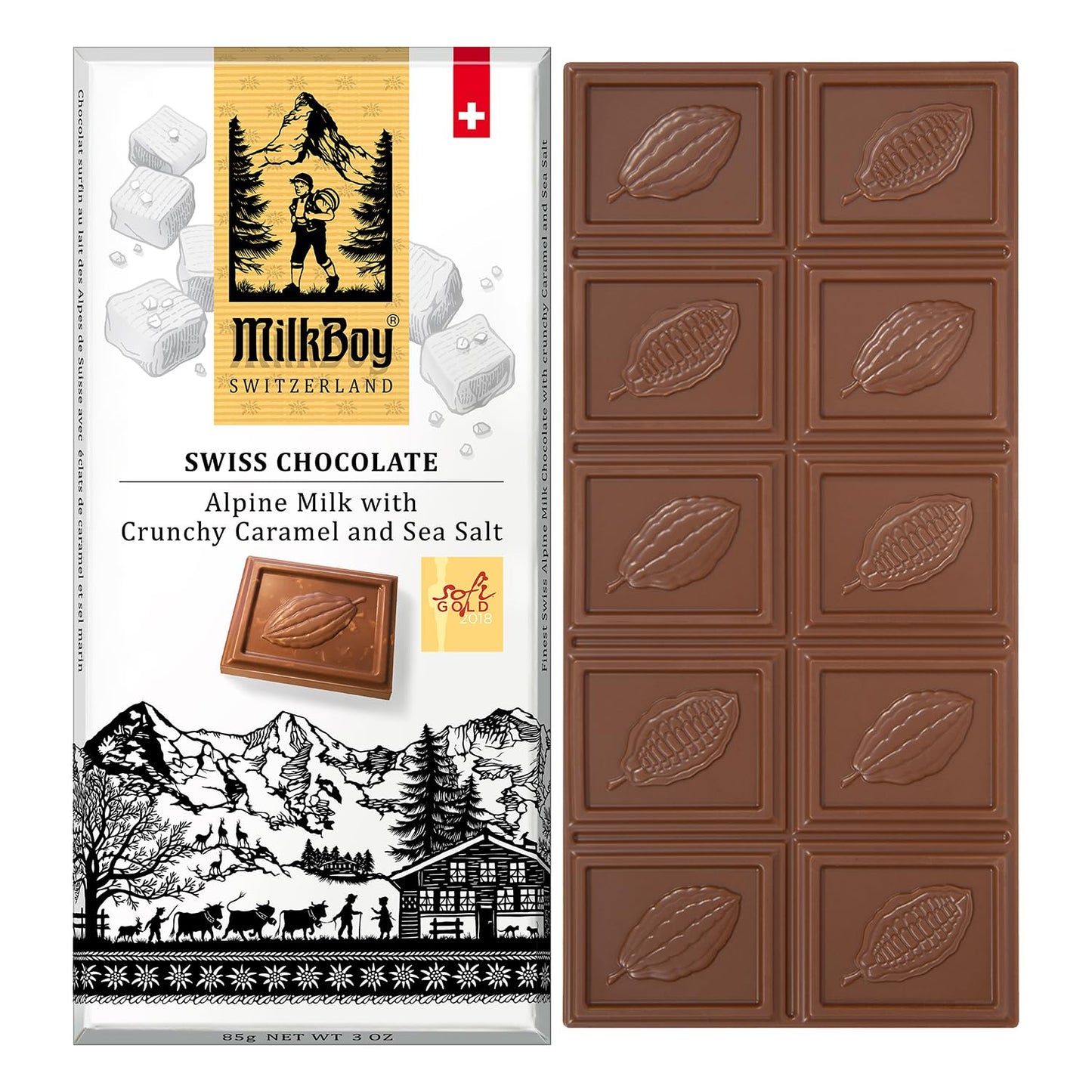 Milkboy Swiss Chocolates Milk Chocolates - Alpine Milk Chocolate Bars With Crunchy Caramel Sea Salt - Gluten-Free Non-Gmo All Natural - Made In Switzerland - 3 Oz Pack 1