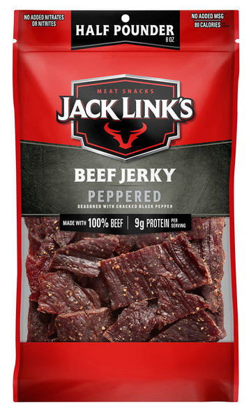 Jack Link's Beef Jerky, Peppered, 1/2 Pounder Bag - Flavorful Meat Snack, 9g of Protein and 80 Calories, Made with Premium Beef