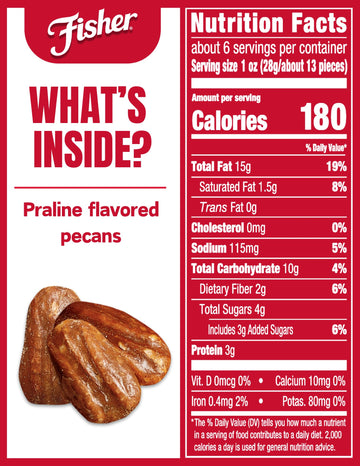 Fisher Praline Pecans, Resealable Pouch, 5.5 Ounces, Whole M th Pecans, Model P27108