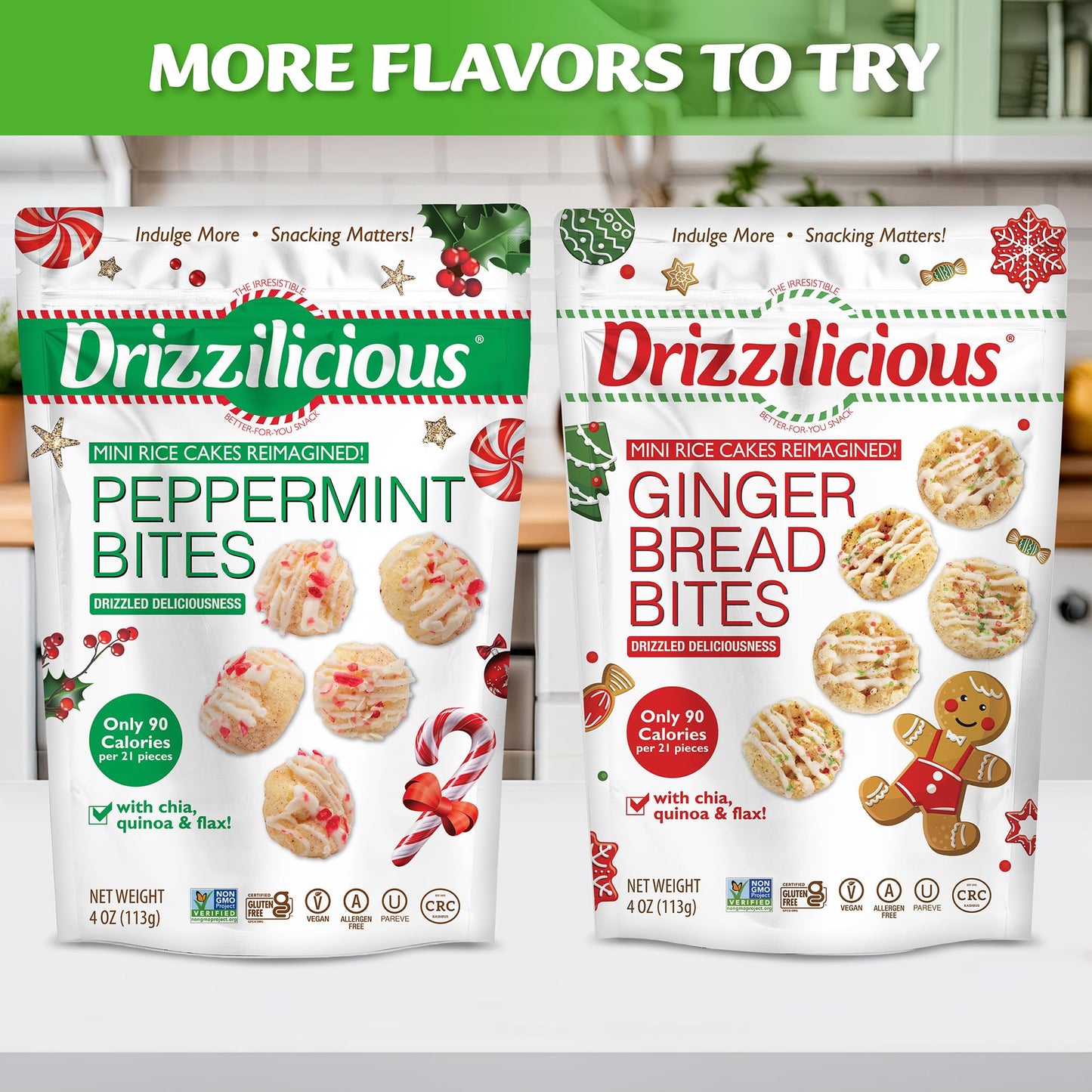 Drizzilicious Mini Rice Cakes - Rice Crisps, Healthy Snack For Mature-Themeds And Kids, Flavored Rice Cakes, Vegan, Gluten Free, Only 90 Calories Per Serving - Peppermint, 4 Oz (Pack Of 2)
