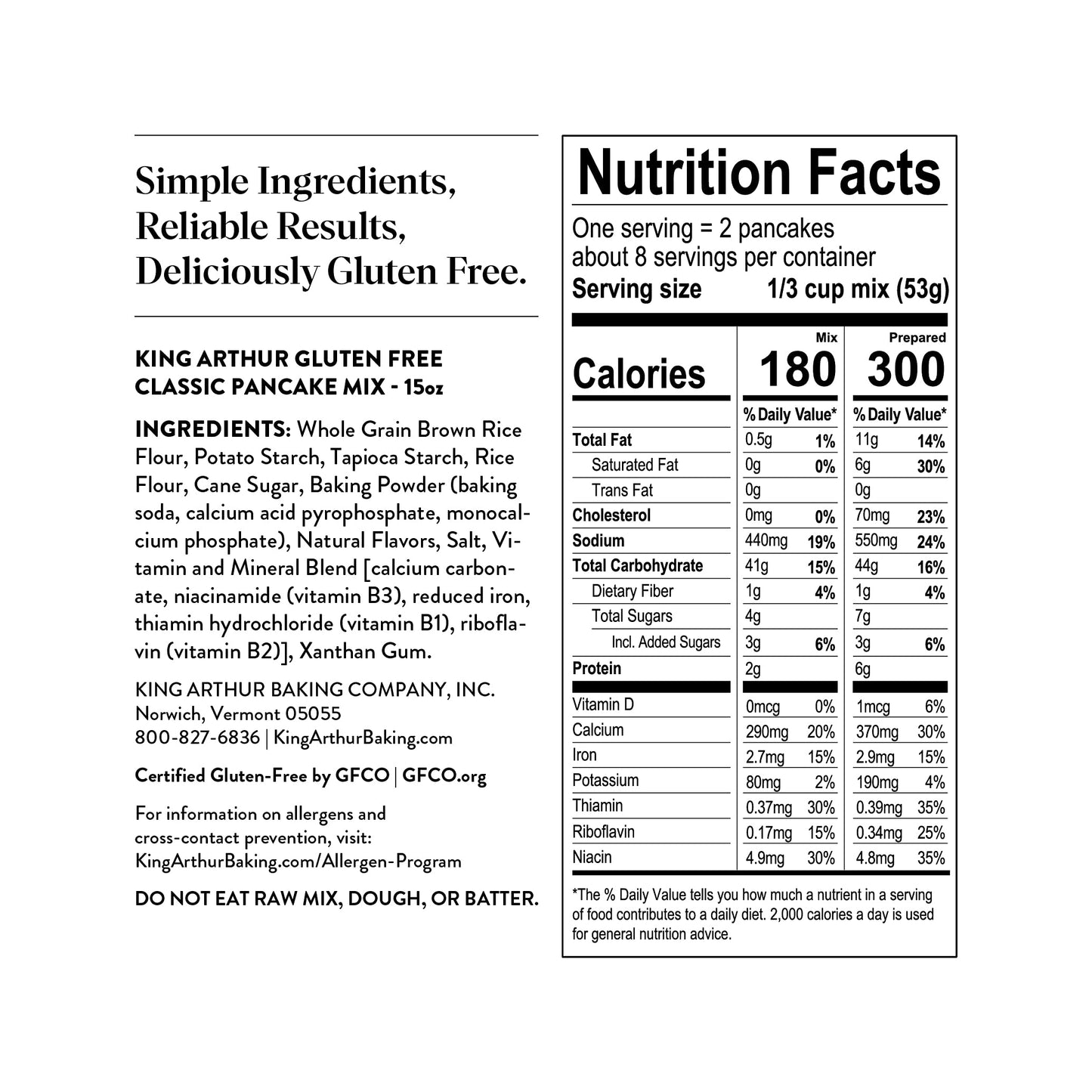 King Arthur, Gluten Free Classic Pancake Mix, Certified Gluten-Free, Non-GMO Project Verified, Certified Kosher, 15 Ounce (Pack