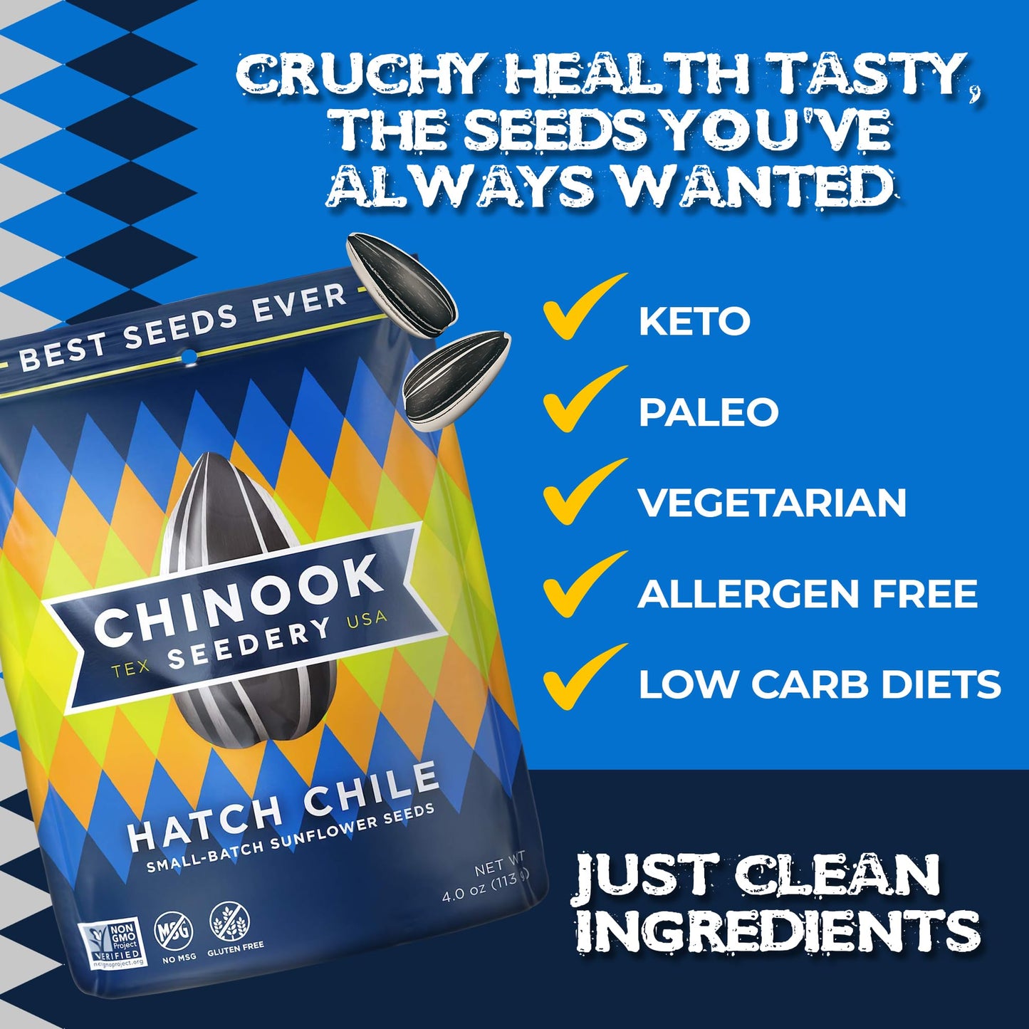 Chinook Seedery Roasted Jumbo Sunflower Seeds - Keto Snacks, Gluten-Free, Non-Gmo, Hatch Chile Flavor 4 Oz (12-Pack)