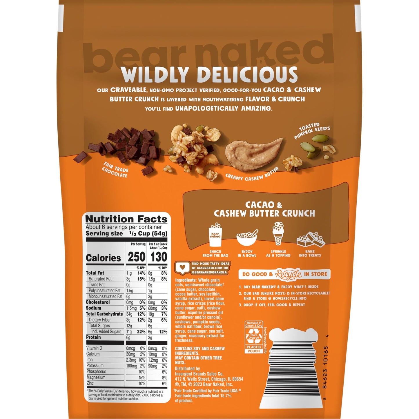 Bear Naked Granola Cereal, Whole Grain Granola, Breakfast Snacks, Cacao and Cashew Butter Crunch, 11oz Bag (1 Bag)