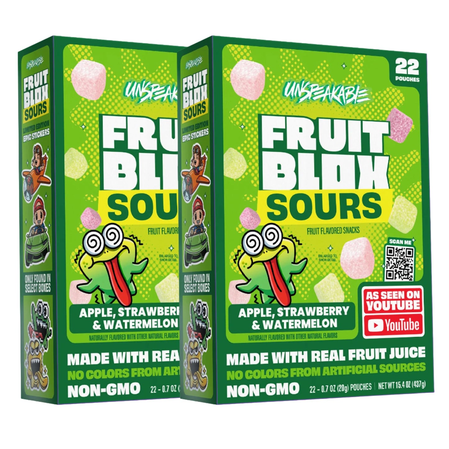 Fruit Blox Sours Blue Raspberry & Cherry Fruit Snacks 2 Boxes Of 22 Pouches Non-Gmo Made With Real Fruit Juice (Apple Strawberry & Watermelon)