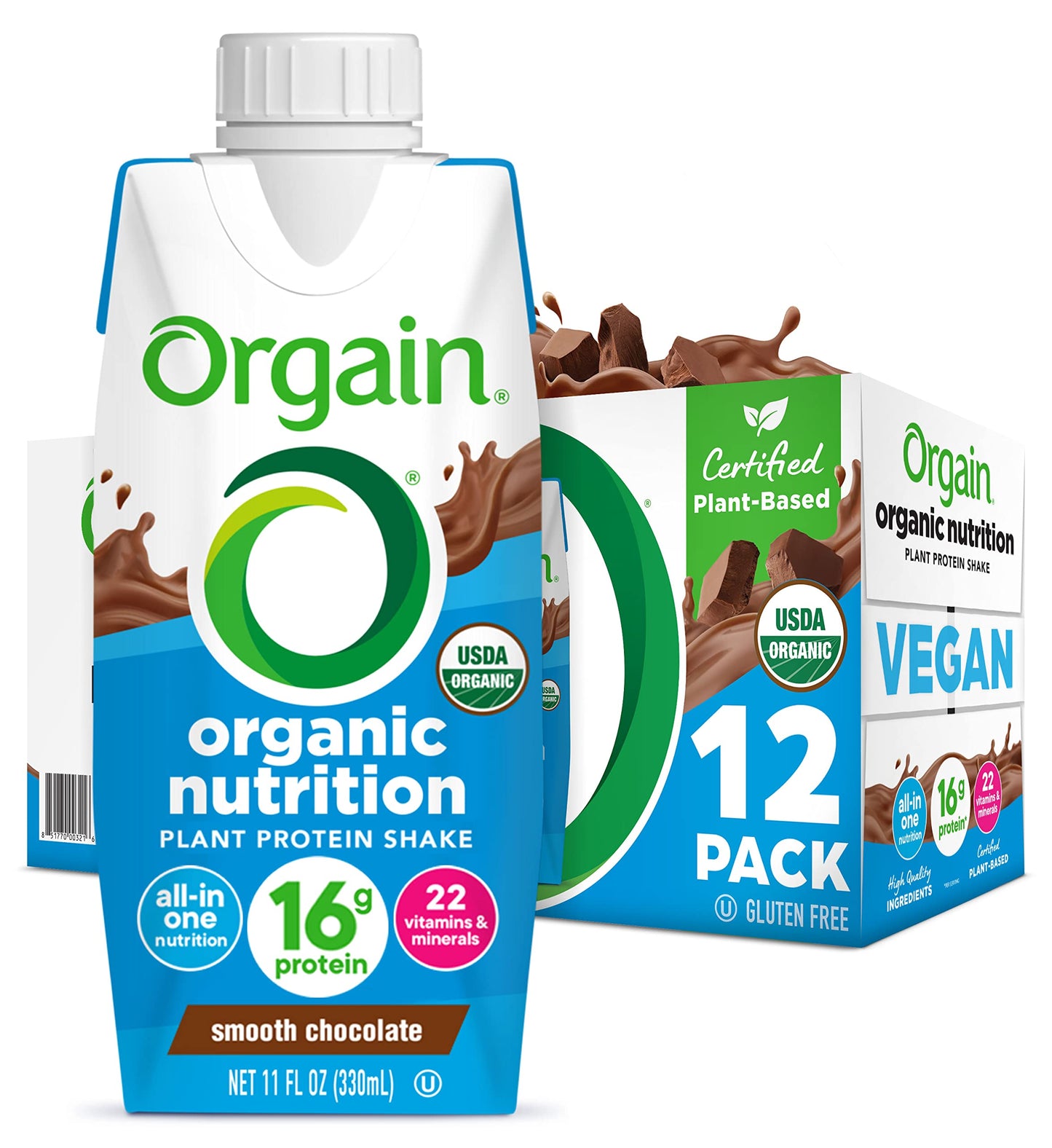 Orgain Organic Vegan Protein Shake, Smooth Chocolate, 16g Protein, 11 Fl Oz (Pack of 12)
