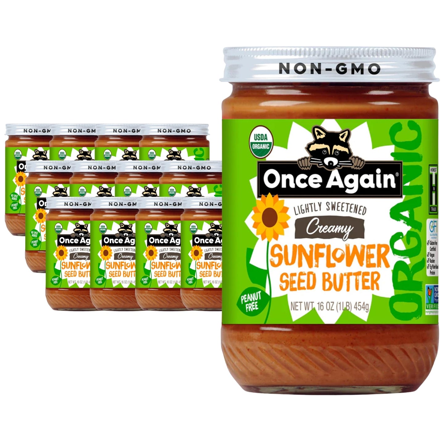 Once Again Organic Creamy Sunflower Butter, Lightly Salted & Sweetened, 16oz, Peanut Free, Gluten Free, Vegan, Kosher, Glass Jar