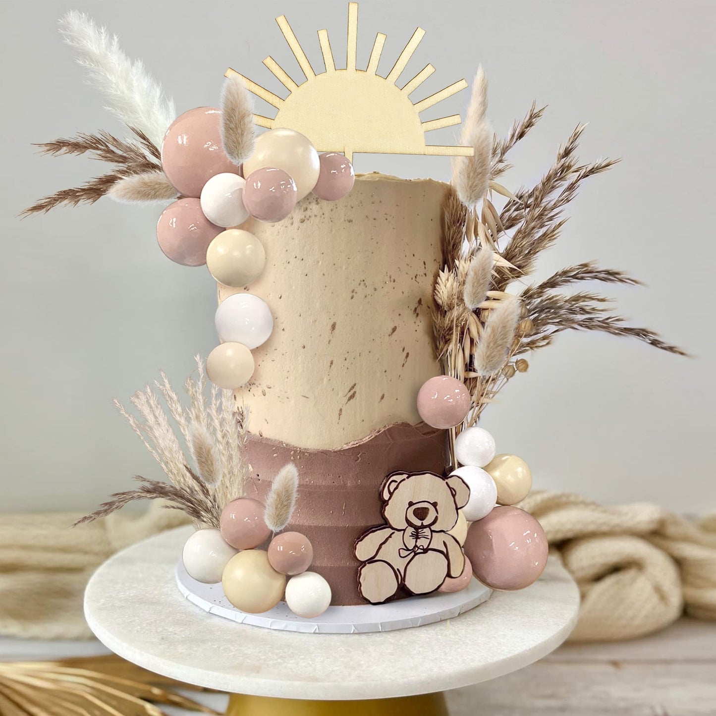 51 Pcs Boho Sun Wood Cake Toppers Mini Balls Cake Topper Various Dried Pampas Grass Cake Decor Bunny Tails Reed Grass White Pamp