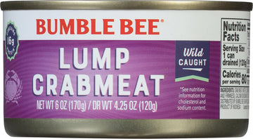 Bumble Bee Lump Crab Meat, 6 Oz Can - 14G Protein & 1G Carb Per Serving - Wild Caught, Small Chunks, Drain Before Use