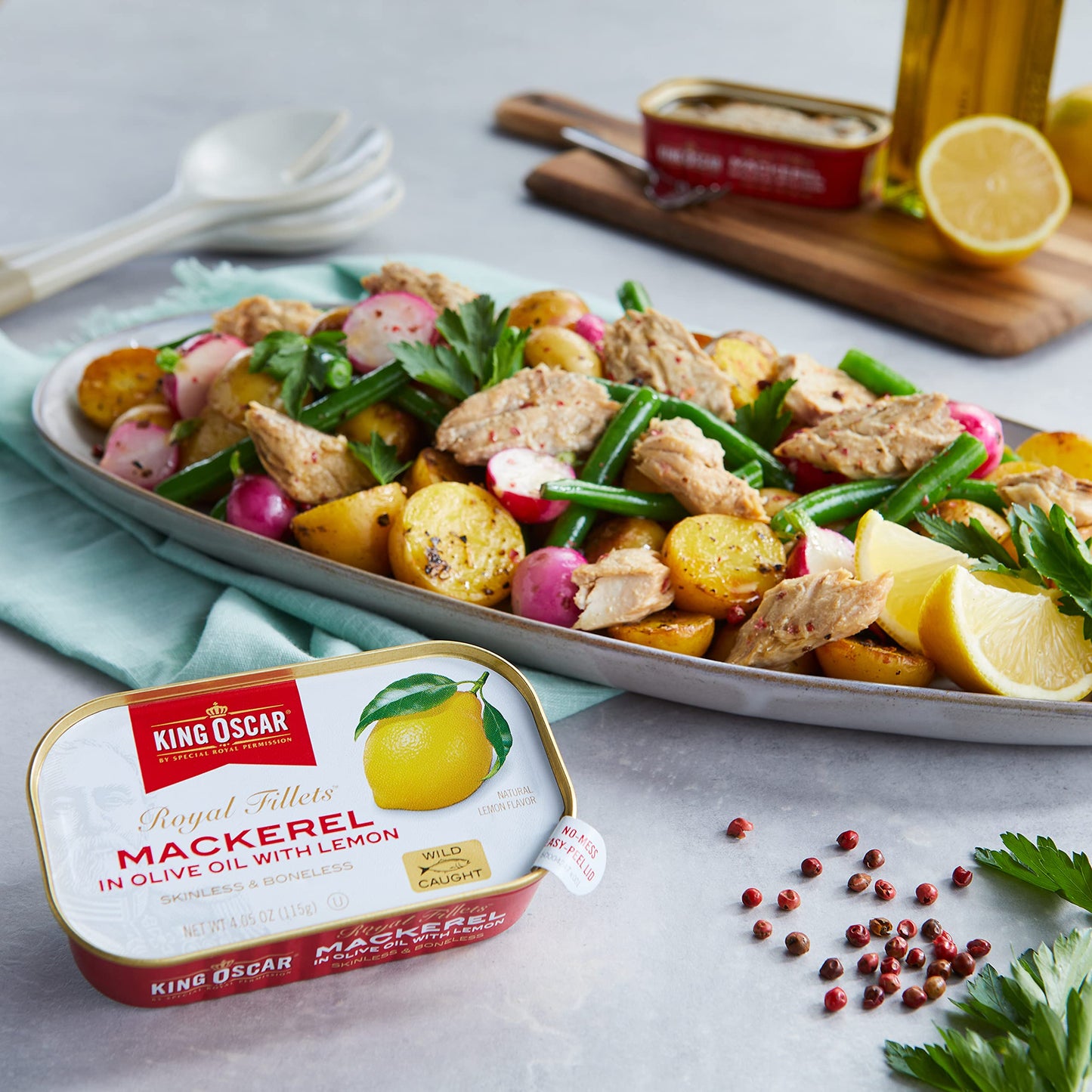 King Oscar Mackerel In Olive Oil With Lemon, 4.05 Ounce Cans (Pack Of 12, Packaging May Vary), Skinless & Boneless, Wild Caught Canned Mackerel