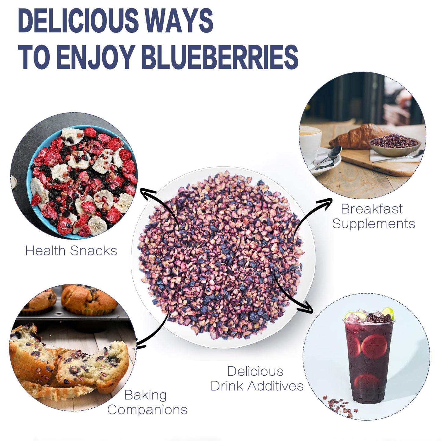 Freeze Dried Blueberries Pieces, 6Oz/170G Frozen Blueberries, Freeze Dried Fruit, No Sugar Added, 100% Natural, Fruit Snacks