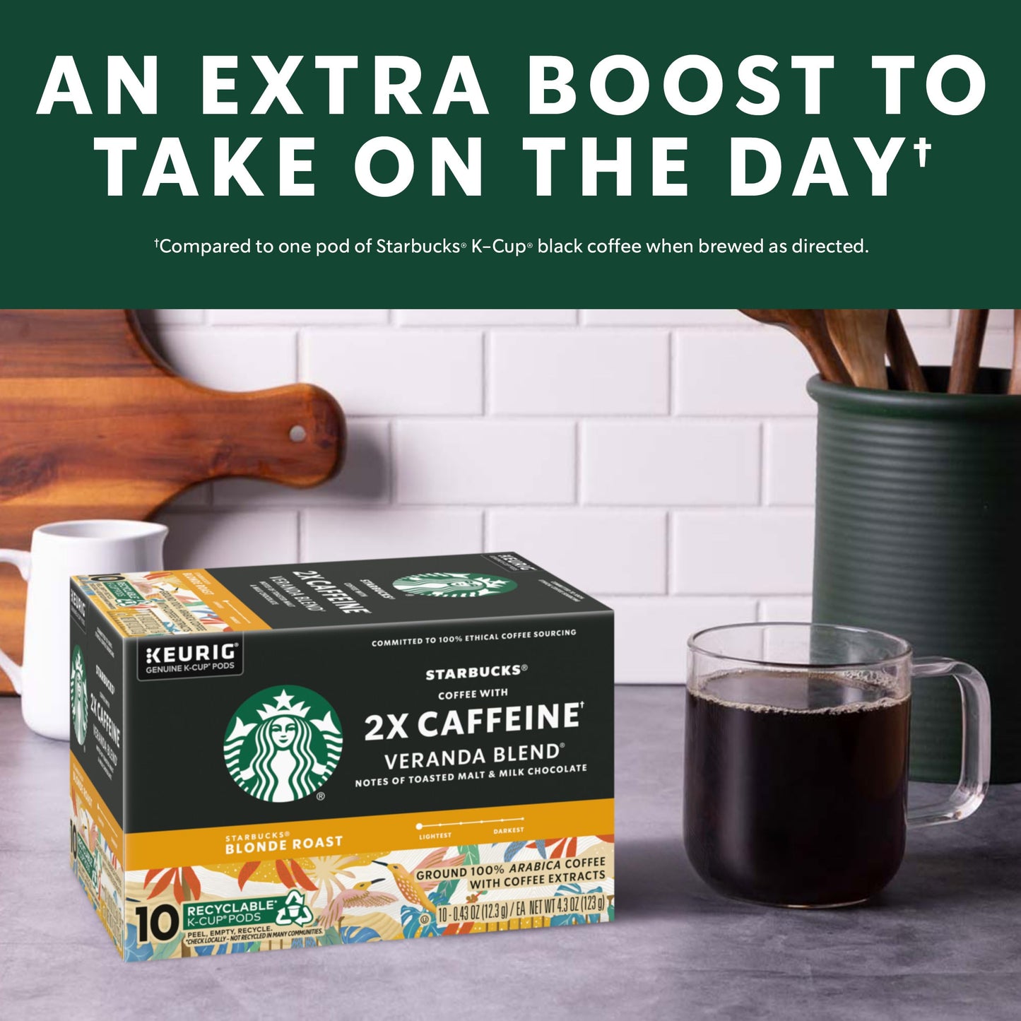 Starbucks K-Cup Coffee Pods, Blonde Roast with 2X Caffeine, 60 Pods Total, Veranda Blend for Keurig malt-inspired