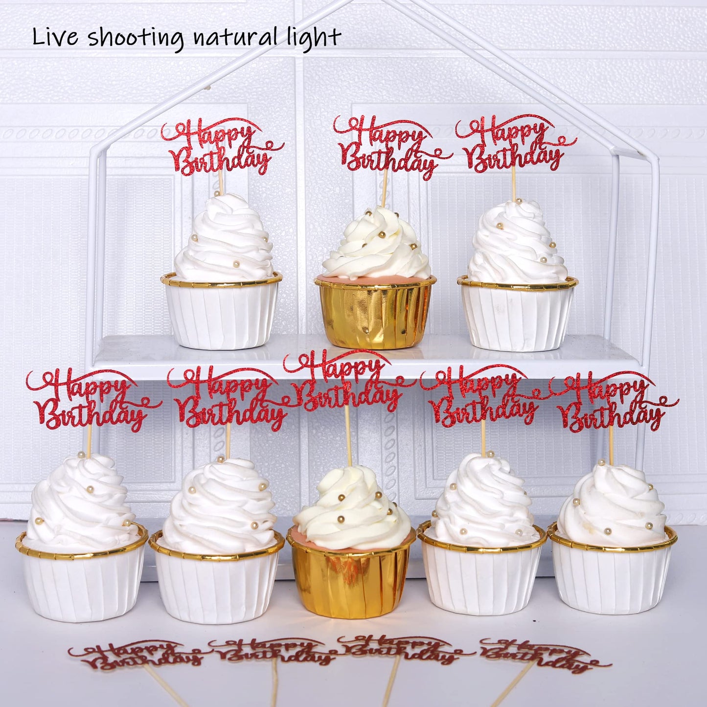 Rssta i 24 Pack Cupcake Toppers, Glitter Birthday Food Picks, Red, Model XM003-Red, Ideal for Happy Birthday Theme Party Decorations
