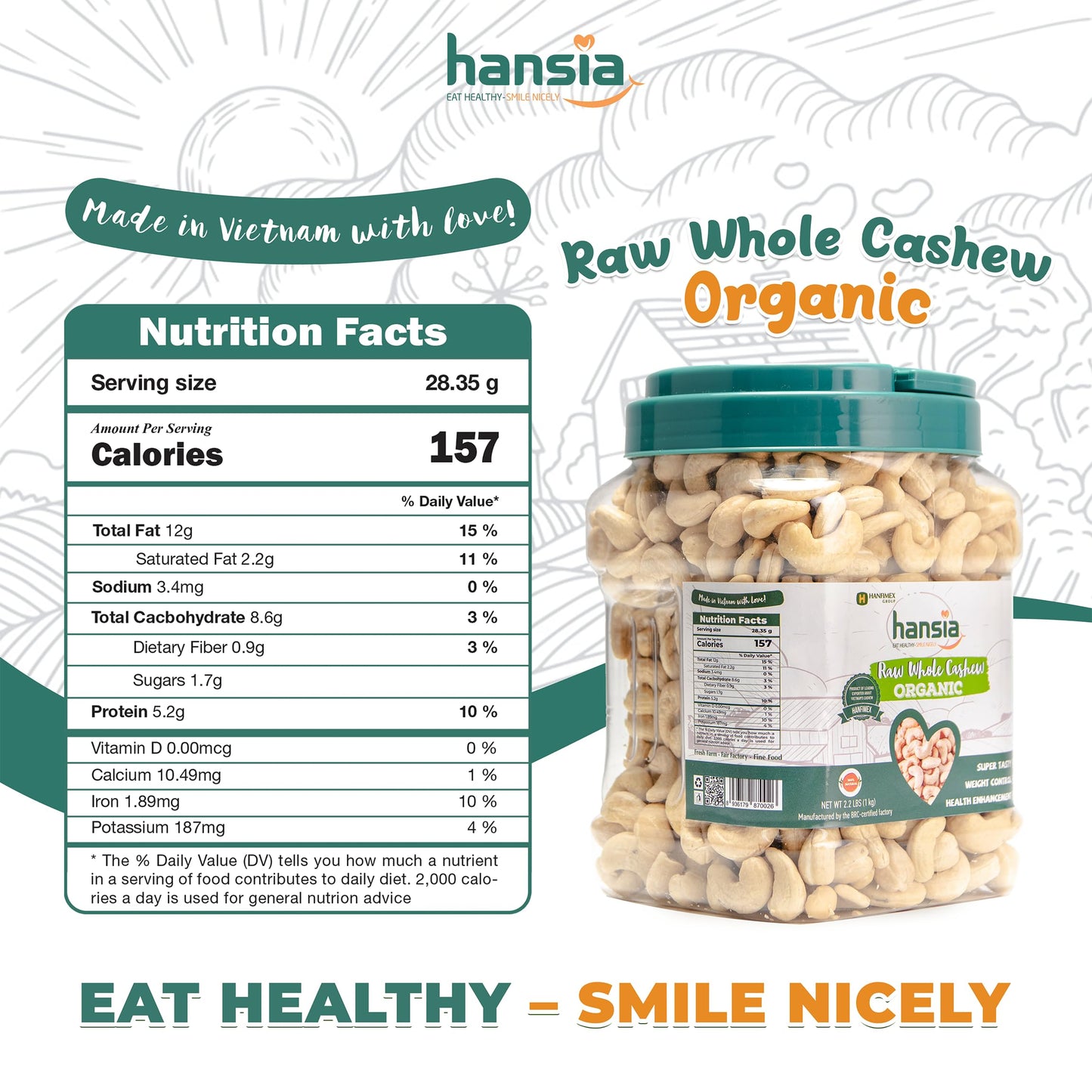 Hansia Raw Whole Cashew Kernels, Unsalted & Unroasted Cashews, Premium Quality For Snacking & Baking & Milk, Source Of Natural F