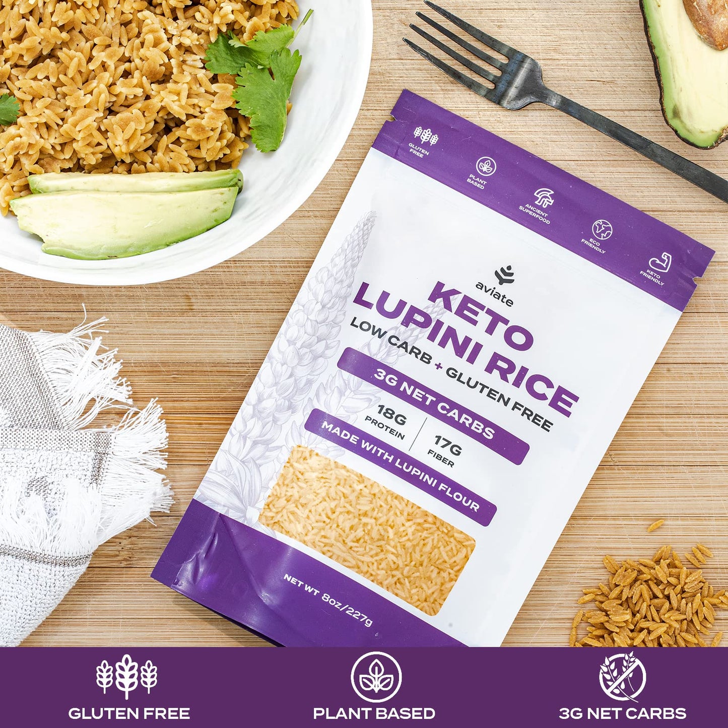 Aviate Keto Rice Orzo - Low Carb (3G Net) Lupini Rice/Pasta, High Protein (18G), Gluten-Free, Made With Lupin Flour, Plant Based