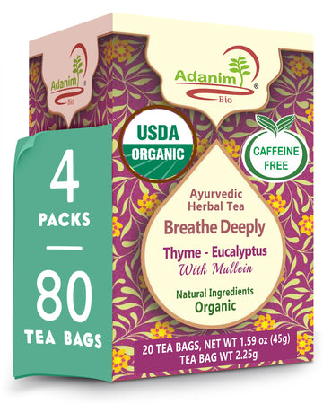 Adanim Bio Thyme Tea, Value Pack 80 Teabags With Organic Mullein Leaf And Eucalyptus Tea, Enhanced Respiratory And Lung Health, Caffeine Free Thyme Tea Bags