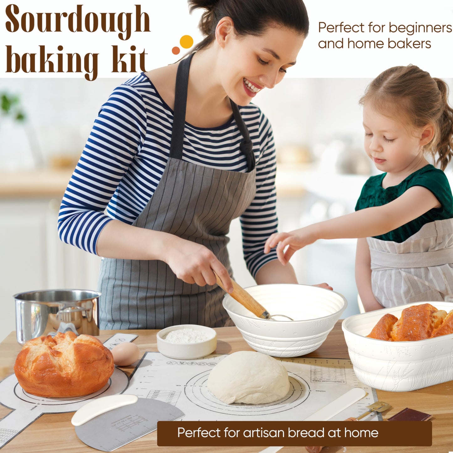 BICRET Sourdough Starter Kit – Complete Baking Supplies, 2 Silicone Proofing Baskets, Baking Mat, White, Model FJ-3-4C