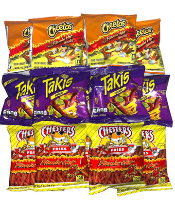 Hot Chips Variety Pack - Takis Fuego, Flamin Hot Cheetos, and Chesters Hot Fries Pack of 12 with a Mystery Item, Perfect Snack