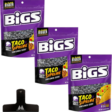 Bigs Taco Supreme Flavored Sunflower Seeds - 5.35 Oz Bags (Pack Of 3) - With Mighty Merchandise Bag Clip