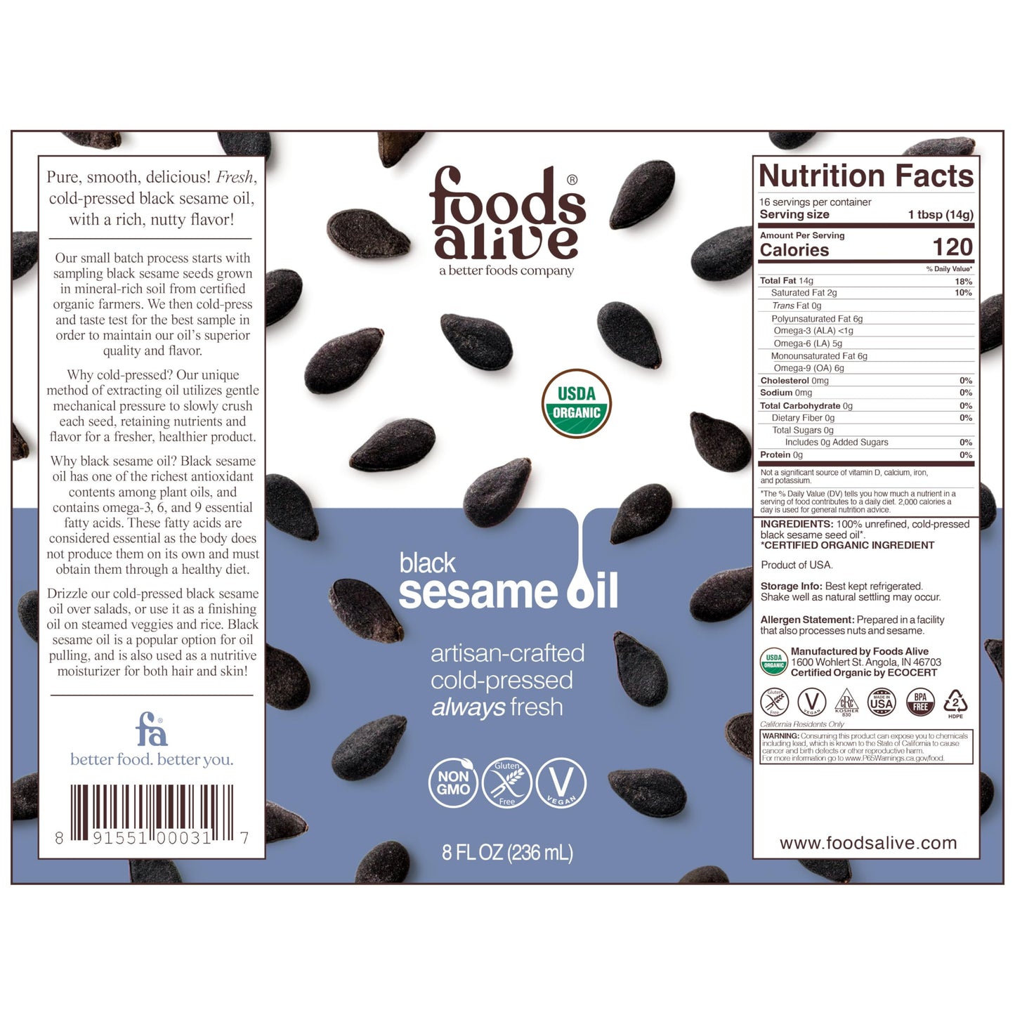 Foods Alive Organic Cold-Pressed Black Sesame Seed Oil 8 oz
