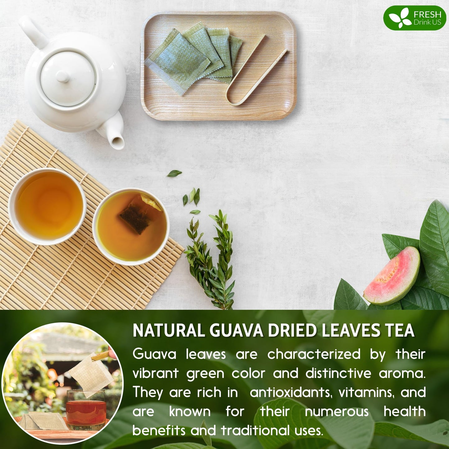 FreshDrinkUS enhanced 135 Guava Leaf Tea Bags Handmade From Great Origin 100% Natural and Pure. Guava Tea Loose Leaf Herbal Tea. No Sugar/Caffeine/Gluten Vegan.