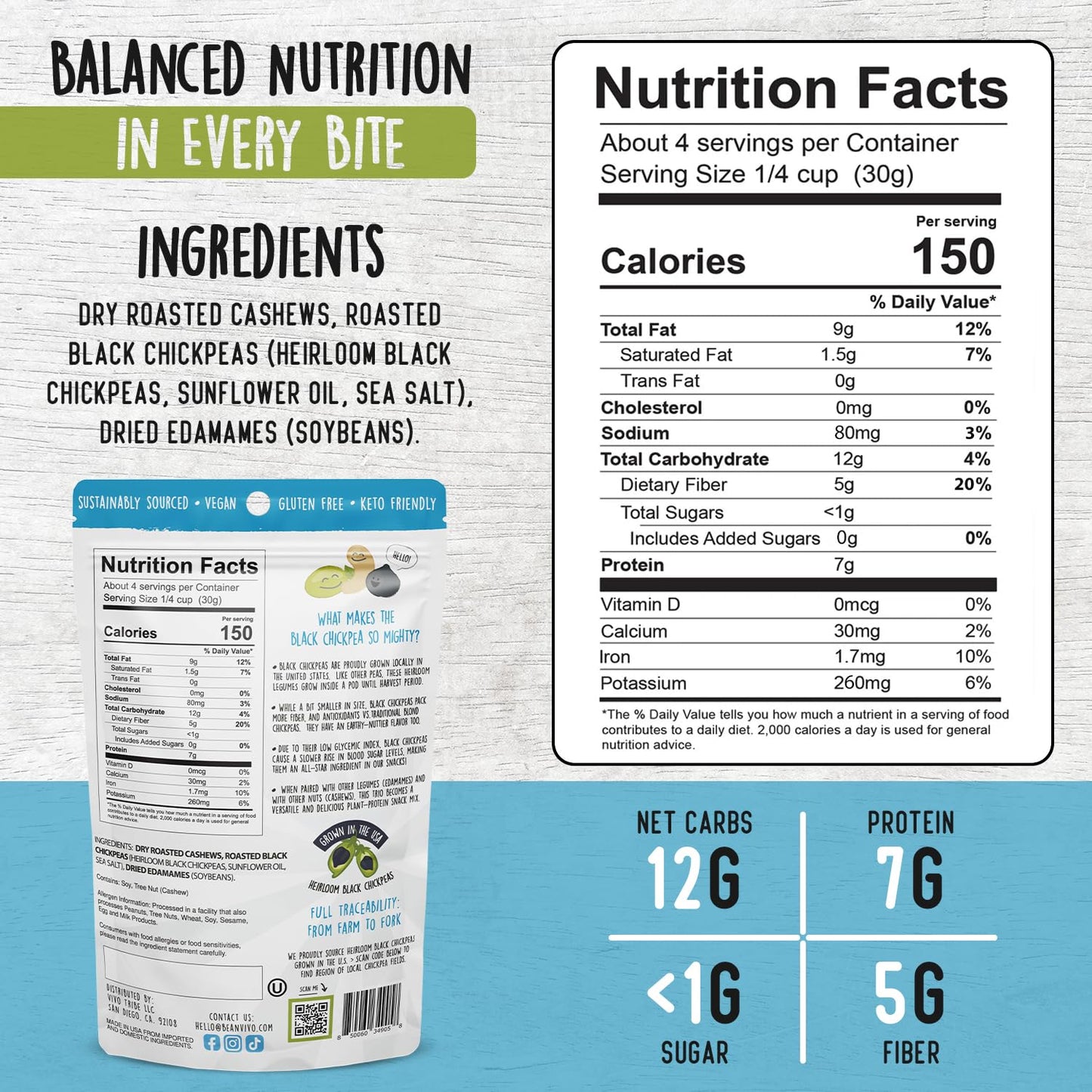 BeanVIVO Plant Based Protein Snacks - (7 Gram Protein) Sea Salt Flavor with Dried Edamame, Roasted Cashew and Chickpeas - Non-GM