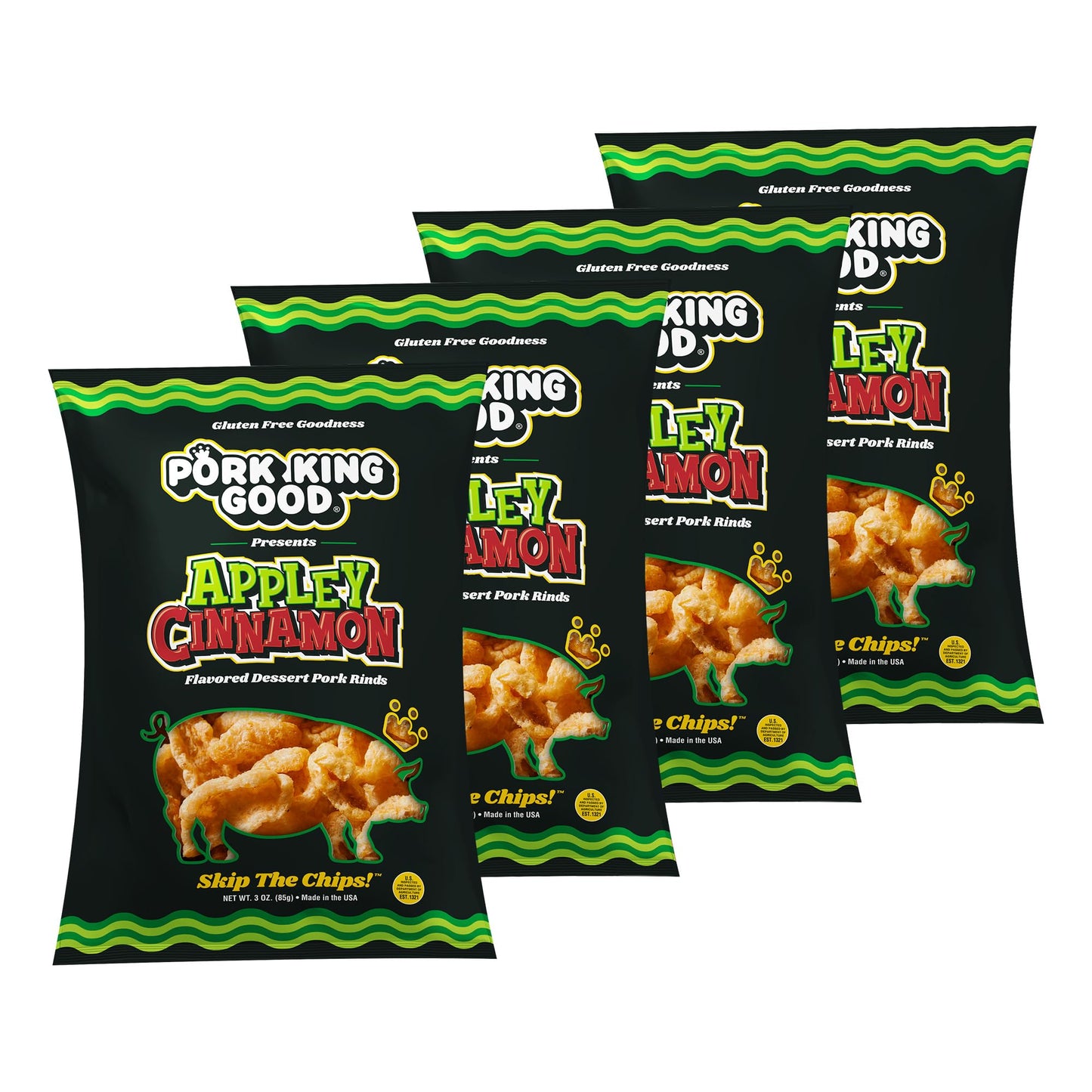 Pork King Good Appley Cinnamon 3 oz Dessert Flavored Pork Rinds - (4 Pack) Sweet and Salty, Gluten Free Snacks