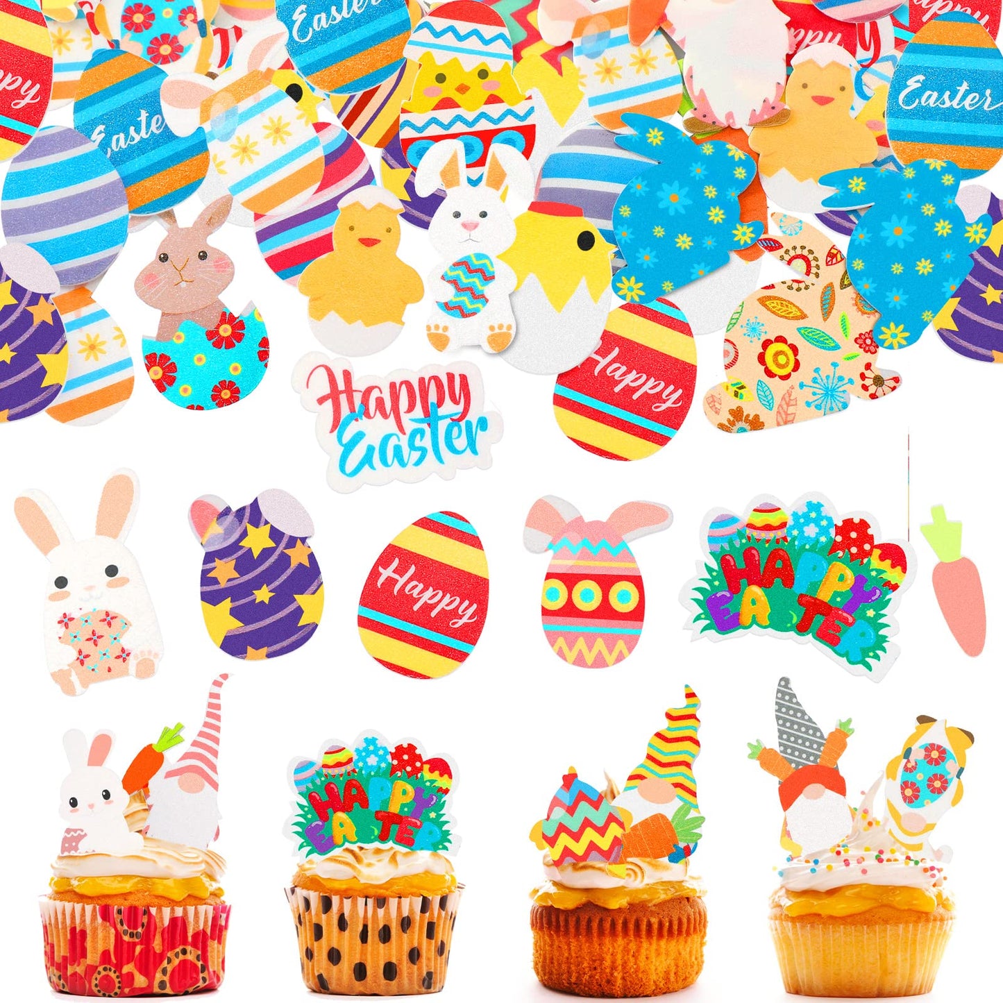 300 Pieces Easter Cake Toppers Edible Cupcake Topper Wafer Paper Birthday Decor for Easter Theme Party Cake Cupcake Rabbit Chick