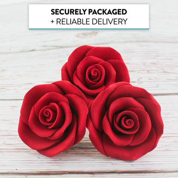 Global Sugar Art Tea Rose Sugar Cake Flowers, Red With Green Calyx, Medium, Wired 1.75 Inch, 12 Count By Chef Alan Tetreault