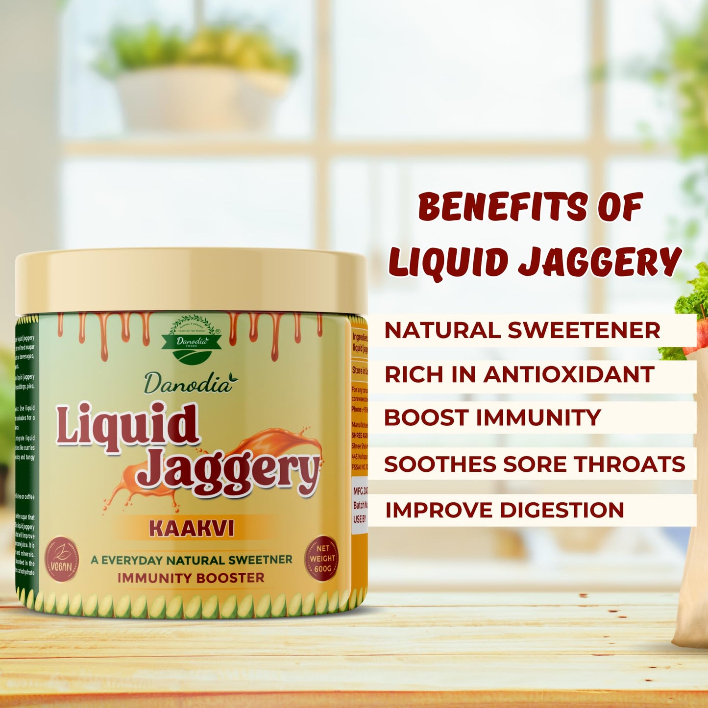 Danodia Foods Liquid Jaggery Syrup - Natural Sweetener, 600g (14 Fl Oz), Brown, No Preservatives, Rich in Minerals, Ideal for Beverages & Desserts