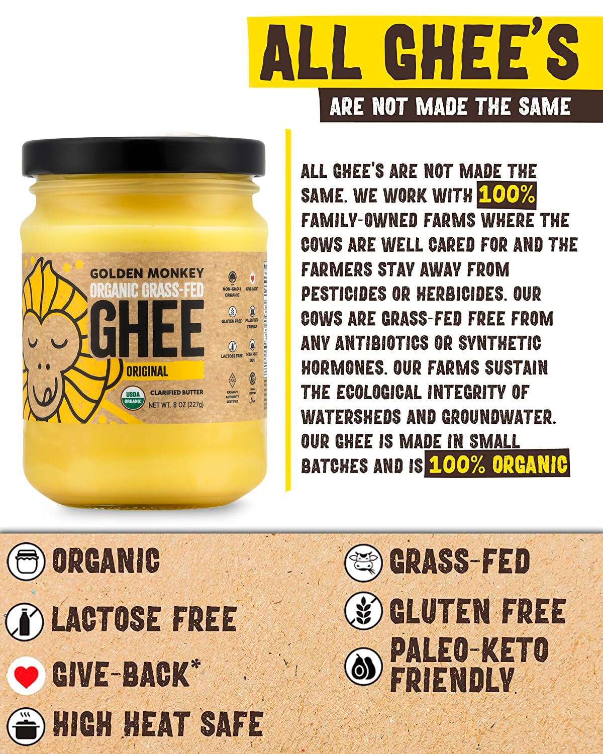 Golden Monkey Grass Fed Ghee Clarified Butter For Energy, Gut, And Immune Health Support - Organic Ghee Butter For Spread, Cooki