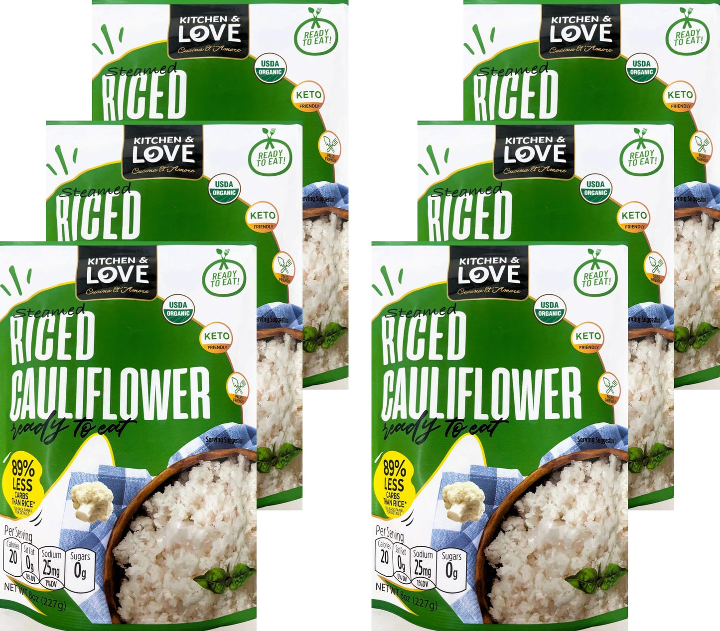 Kitchen & Love Organic Riced Cauliflower 8 oz (6 Pack) | Low Carb, Low Calorie, Healthy Rice Alternative, Vegan, Gluten Free, Re