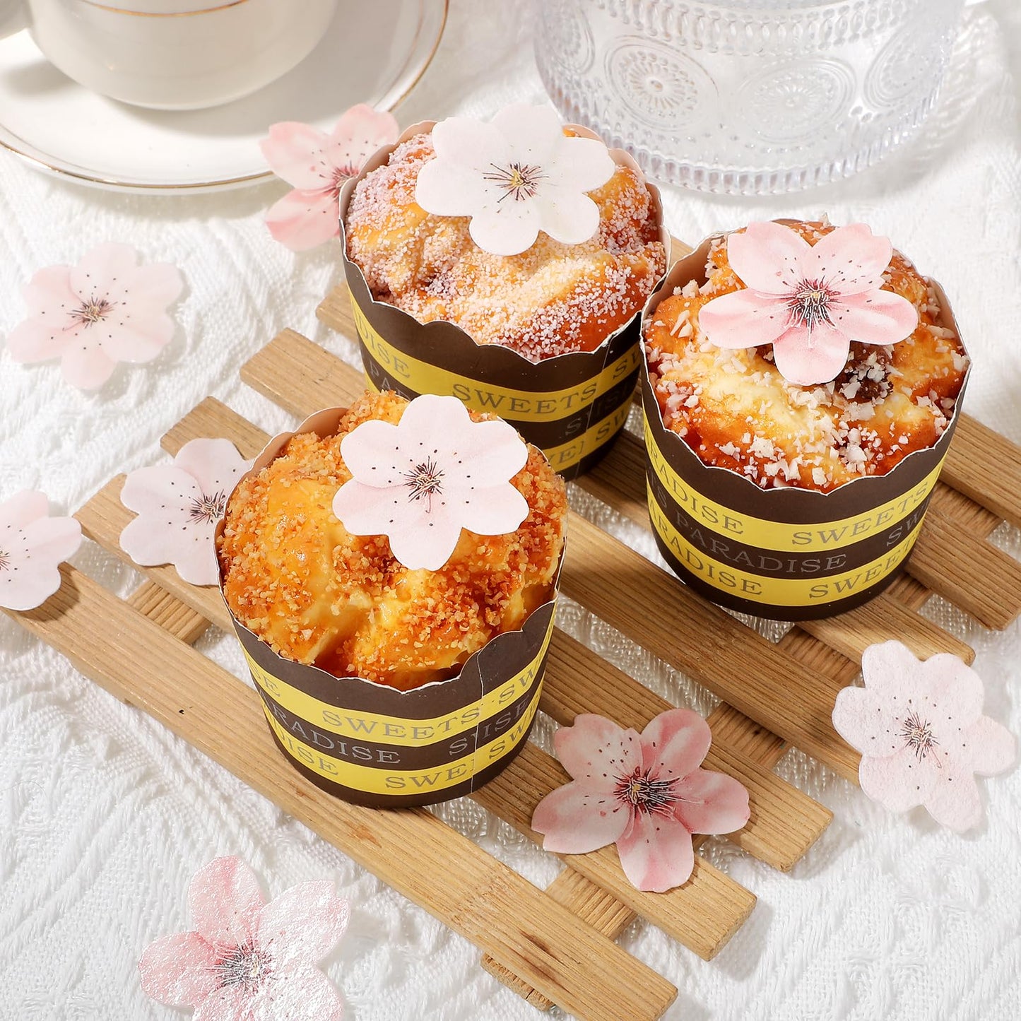 Yolev Edible Flower Cupcake Toppers, 75 Pcs Cherry Blossoms, Wafer Paper, 1.8 in, White/Pink, Wedding/Birthday Party Decorations