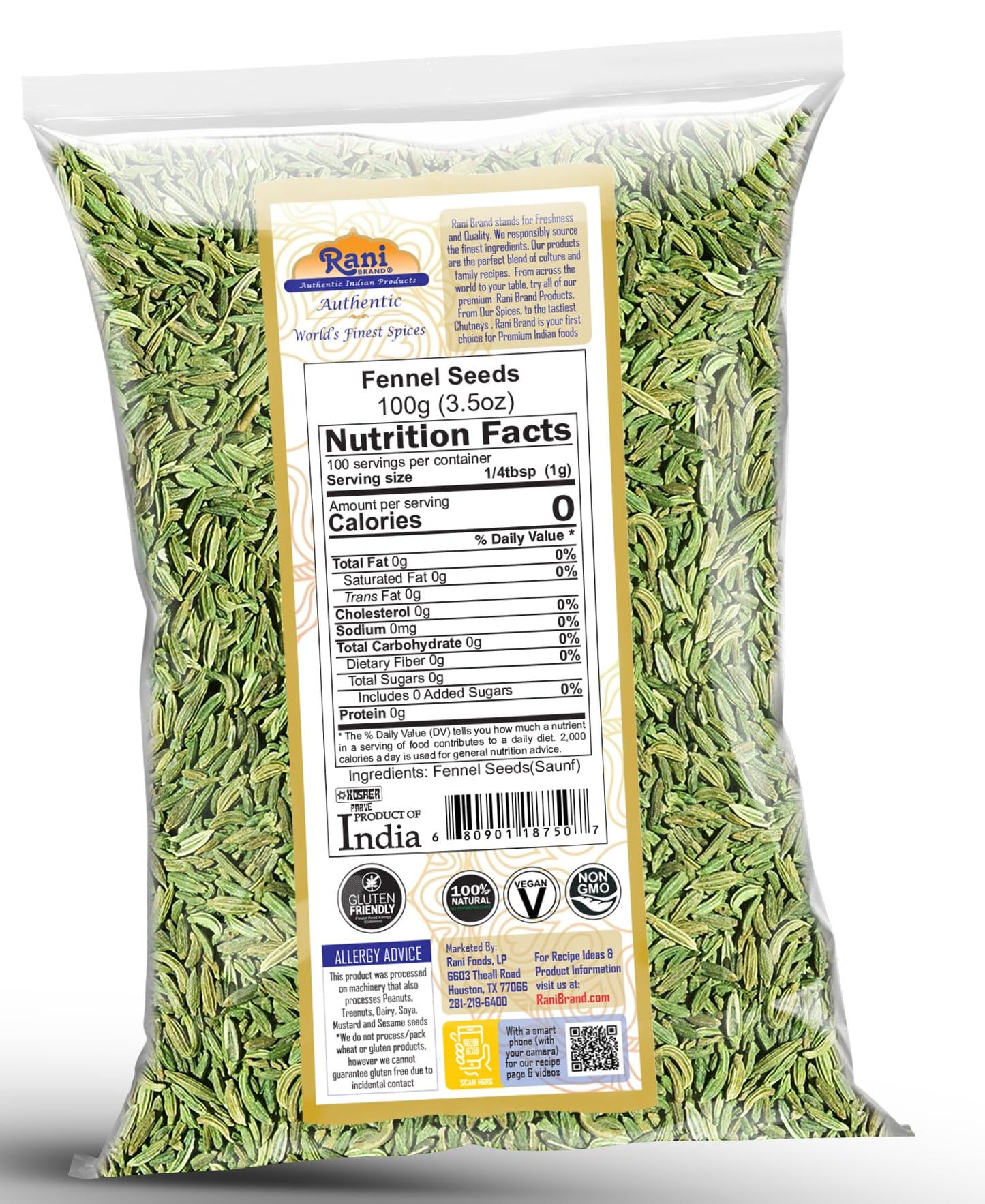 Rani Fennel Seeds (Saunf Sabut) Whole Spice 3.5Oz (100G) ~ All Natural | Gluten Friendly | Non-Gmo | Kosher | Vegan | Indian Origin