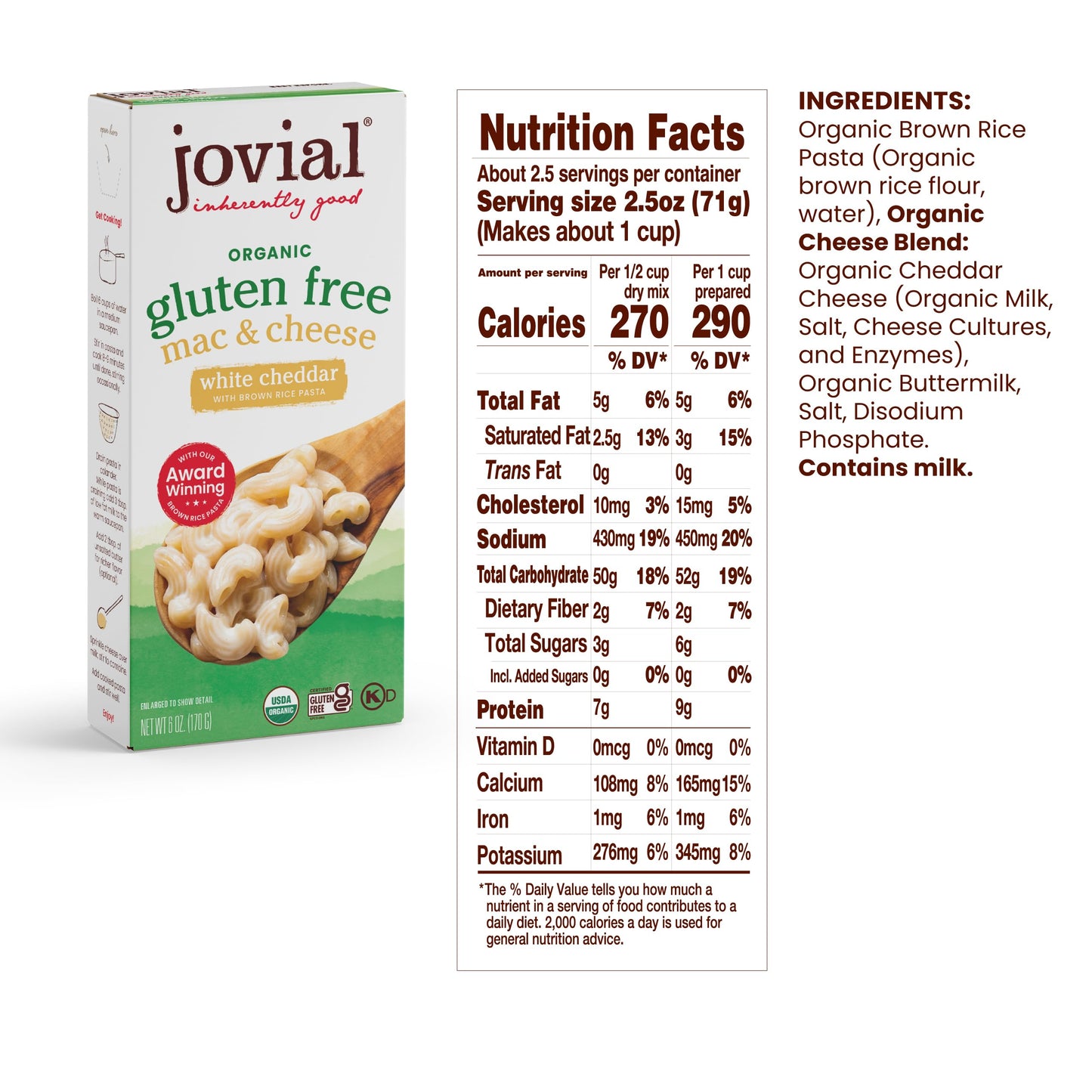 Jovial Organic Gluten Free White Cheddar Mac and Cheese - Whole Grain Pasta Organic Pasta White Cheddar Macaroni and Cheese Gluten Free Award Winning Taste Made in Italy - 6 Oz