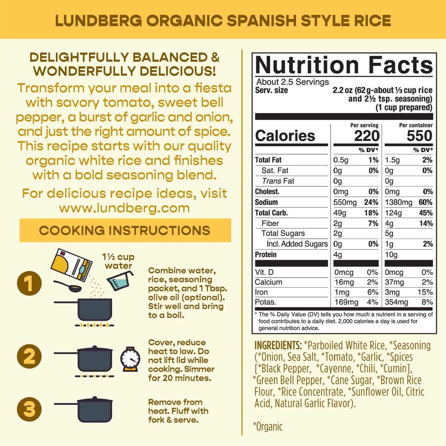Lundberg Organic Spanish Rice Pilaf, 5.5 Oz (Pack Of 6), Gluten-Free, Vegan, 20 Minute Cook Time