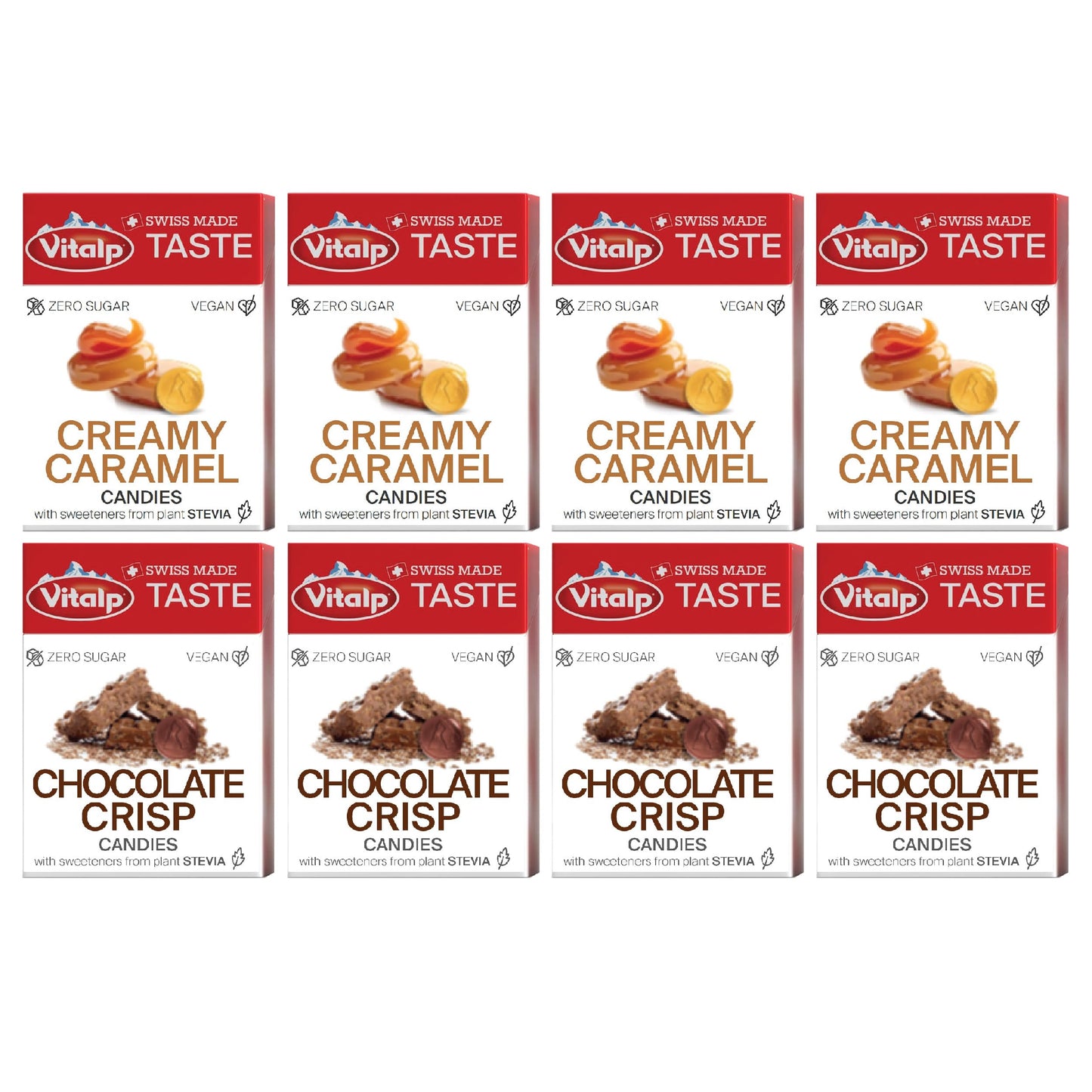 Vitalp Taste Swiss Made Sugar Free Hard Candy With Stevia Vegan Variety Pack 4 Boxes Each Of Creamy Caramel And Chocolate Crisp Flavors 25G/0.88 Ounce Packs 8 Boxes Total