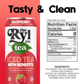 Ryl Iced Tea, Raspberry, Antioxidant Superblend, Zero Sugar, Low Carb, Zero Calorie Iced Tea, 16.0 Fl Oz (12-Pack)
