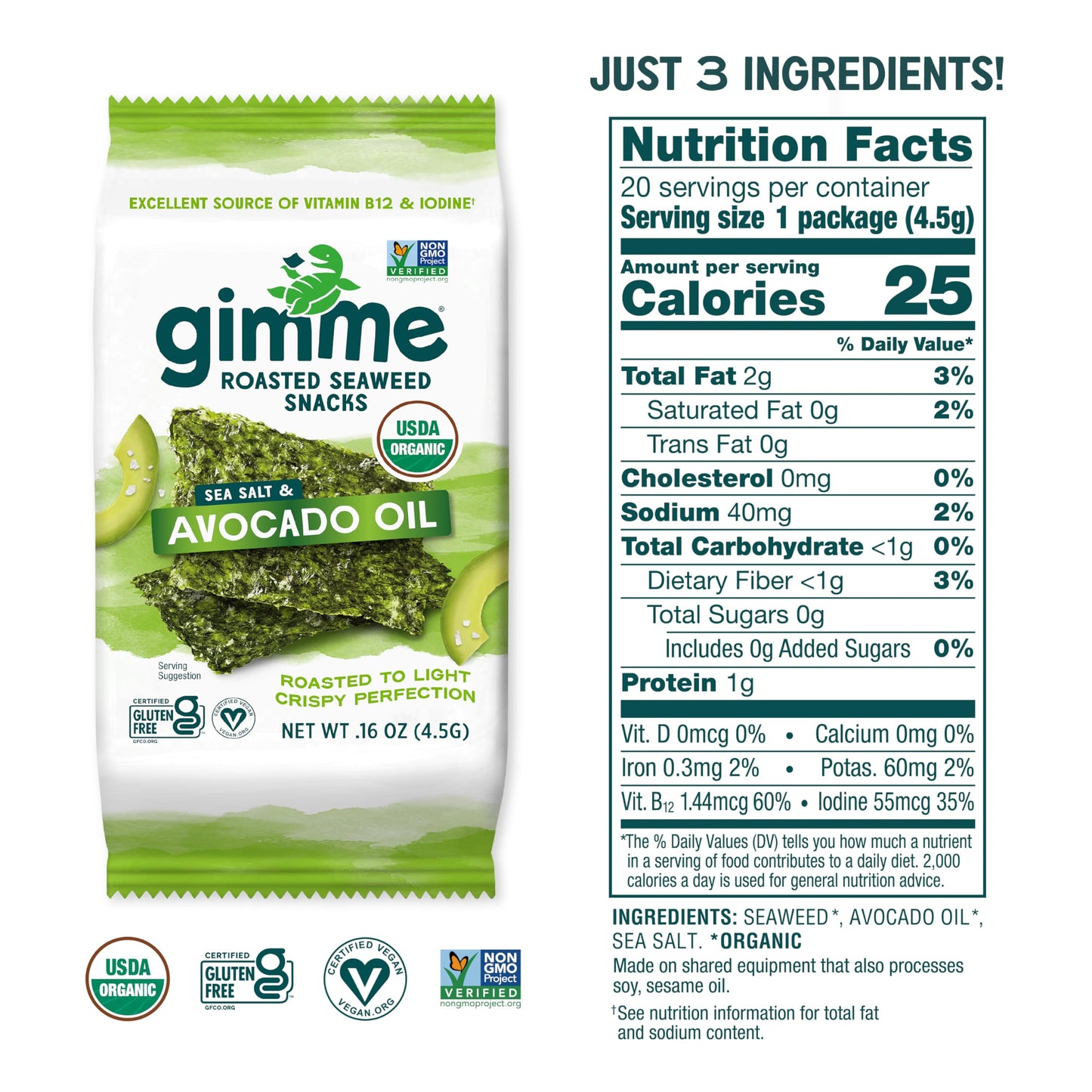 Gimme Seaweed - Sea Salt & Avocado Oil - 20 Count - Organic Roasted Seaweed Sheets - Keto, Vegan, Gluten Free - Great Source Of