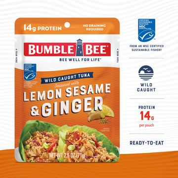 Bumble Bee Lemon Sesame & Ginger Seasoned Tuna, 2.5 Oz Pouch - Ready To Eat - Wild Caught Tuna Packet - 14G Protein Per Serving