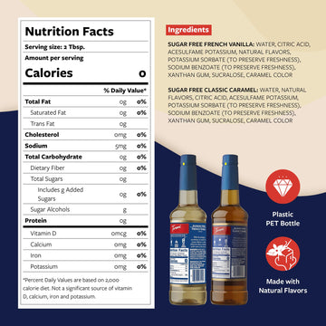 Torani Sugar Free Classic Caramel Syrup And Sugar Free French Vanilla Syrup Variety 2-Pack, Coffee Syrups For Drinks, Pumps Incl