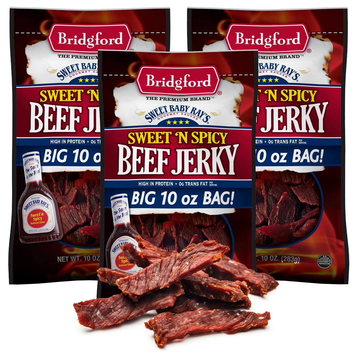 Bridgford Sweet Baby Rays Beef Jerky Sweet N Spicy 10 Oz Pack Of 3 - High Protein Sweet And Spicy Beef Jerky For Your Dietary Pr
