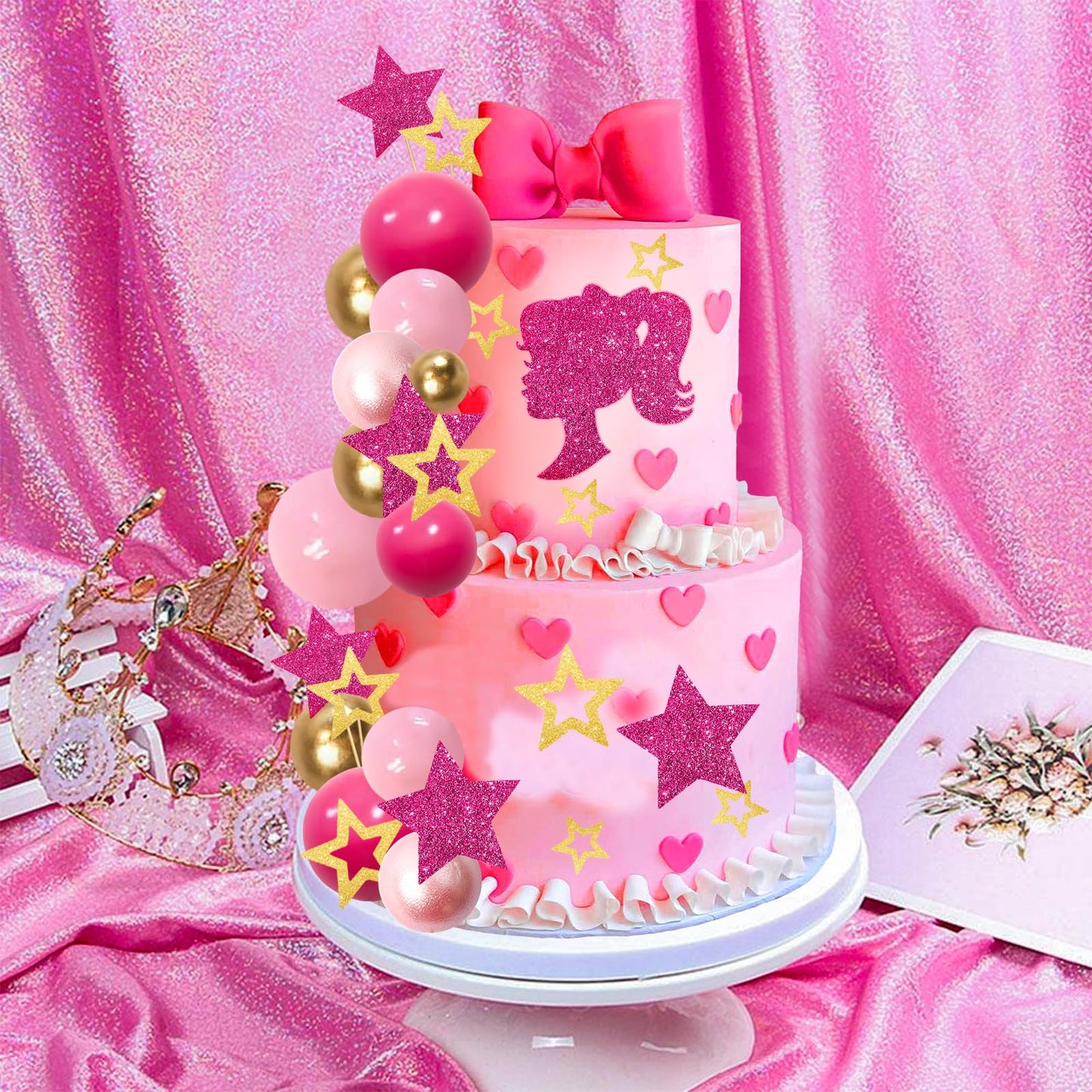 Memovan Hot Pink Girl Cake Toppers 36Pcs Ball Cake Decorations With Hot Pink Gold Balls Shiny Stars For Boho Girl Hot Pink Princ