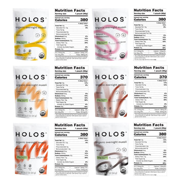 HOLOS Organic Overnight Muesli - 12 Pack Variety Flavors with Jar - Gluten Free Muesli Cereal with Overnight Oats High Fiber 20g Plant Proteins Probiotics Vitamins Minerals
