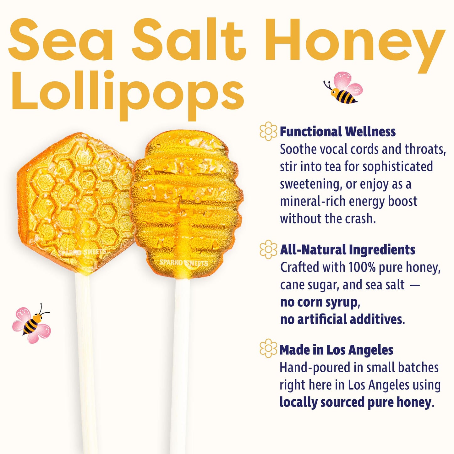 Sparko Sweets Sea Salt Honeycomb Lollipops, Made In Usa, No Artificial Ingredients, No Corn Syrup, 16 Pieces, 1.3-Inch Diameter, 1.5 Lbs, Gold – Ideal For Tea Stirrers, Sore Throat Remedy, And Gifts