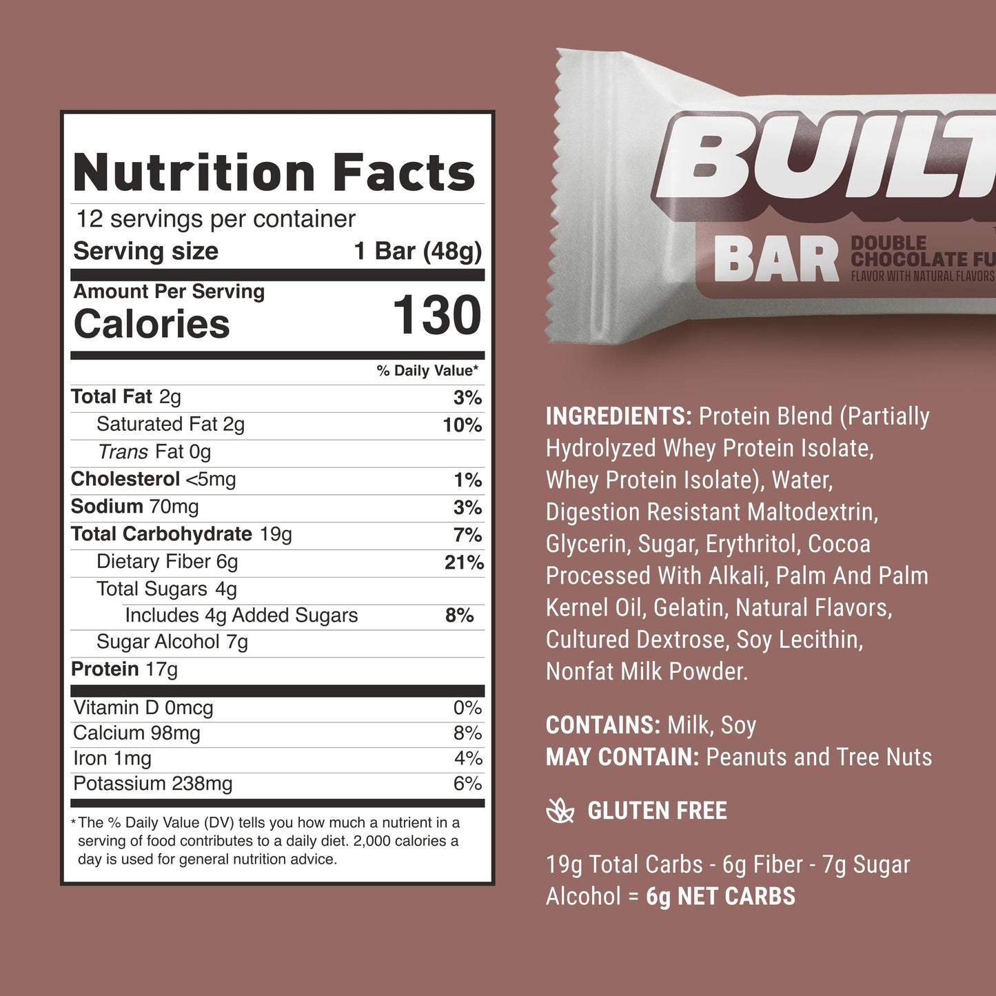 Built Bar, Protein Bars, 17G Protein Snacks, On-The-Go Bars With Only 130 Calories & 4G Sugar, Double Chocolate Fudge, 12 Count