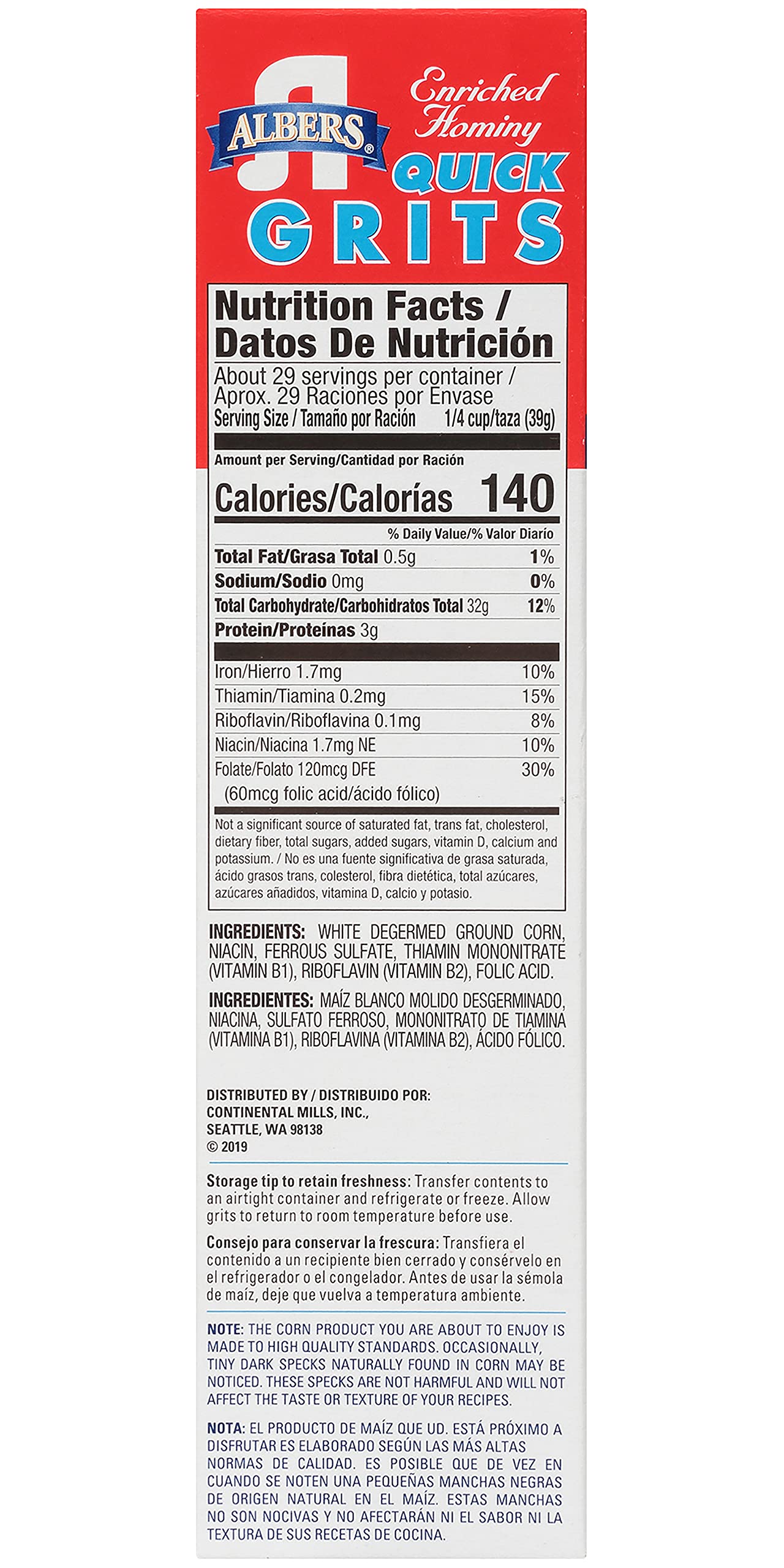 Albers Enriched Hominy Quick Grits, Naturally Low in Fat, 40 OZ Box