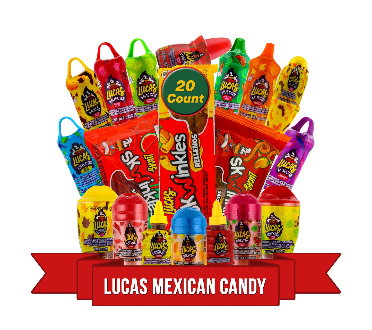 Lucas Mexican Candy Mix (20 Count) Variety Of Sour, Sweet, Spicy, Include Pelucas, Baby Polvo, Lucas Muecas Chamoy, Gusano, Sals