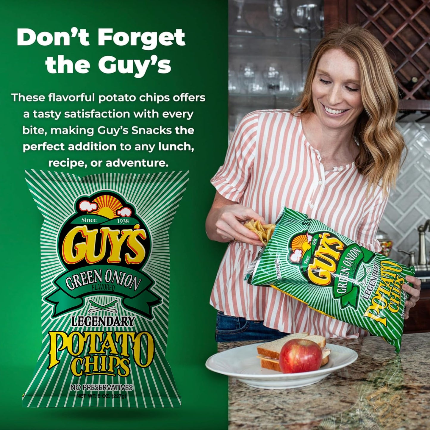 GUY'S Green Onion Potato Chips - Healthy & Salty Snacks, 8 oz (Pack of 15) - Natural Potato Snack Chips