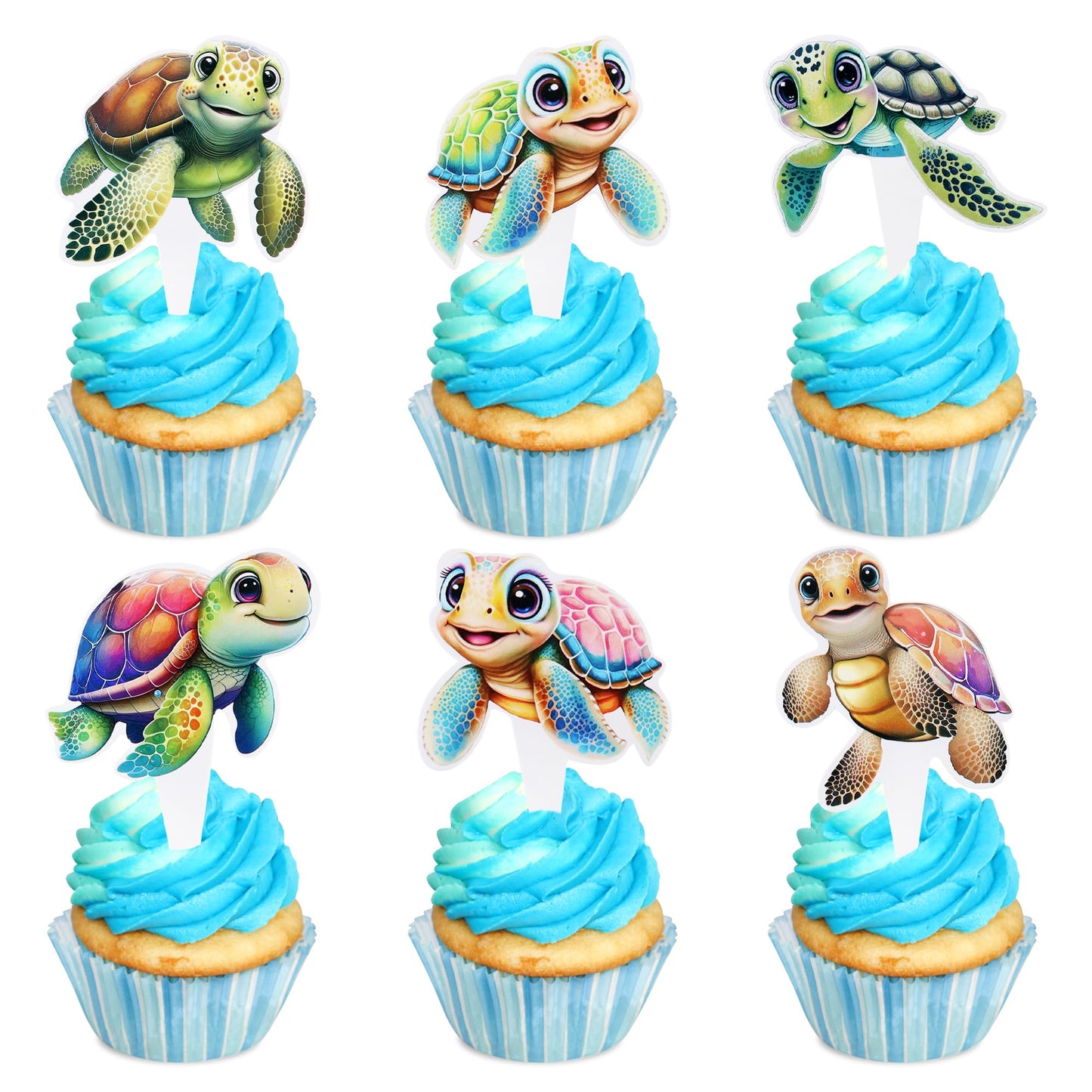 Ercadio 30 Pcs Double Sided Turtles Cupcake Toppers For Baby Happy Birthday Party Cake Sea Animals Baby Shower Party Picks For S